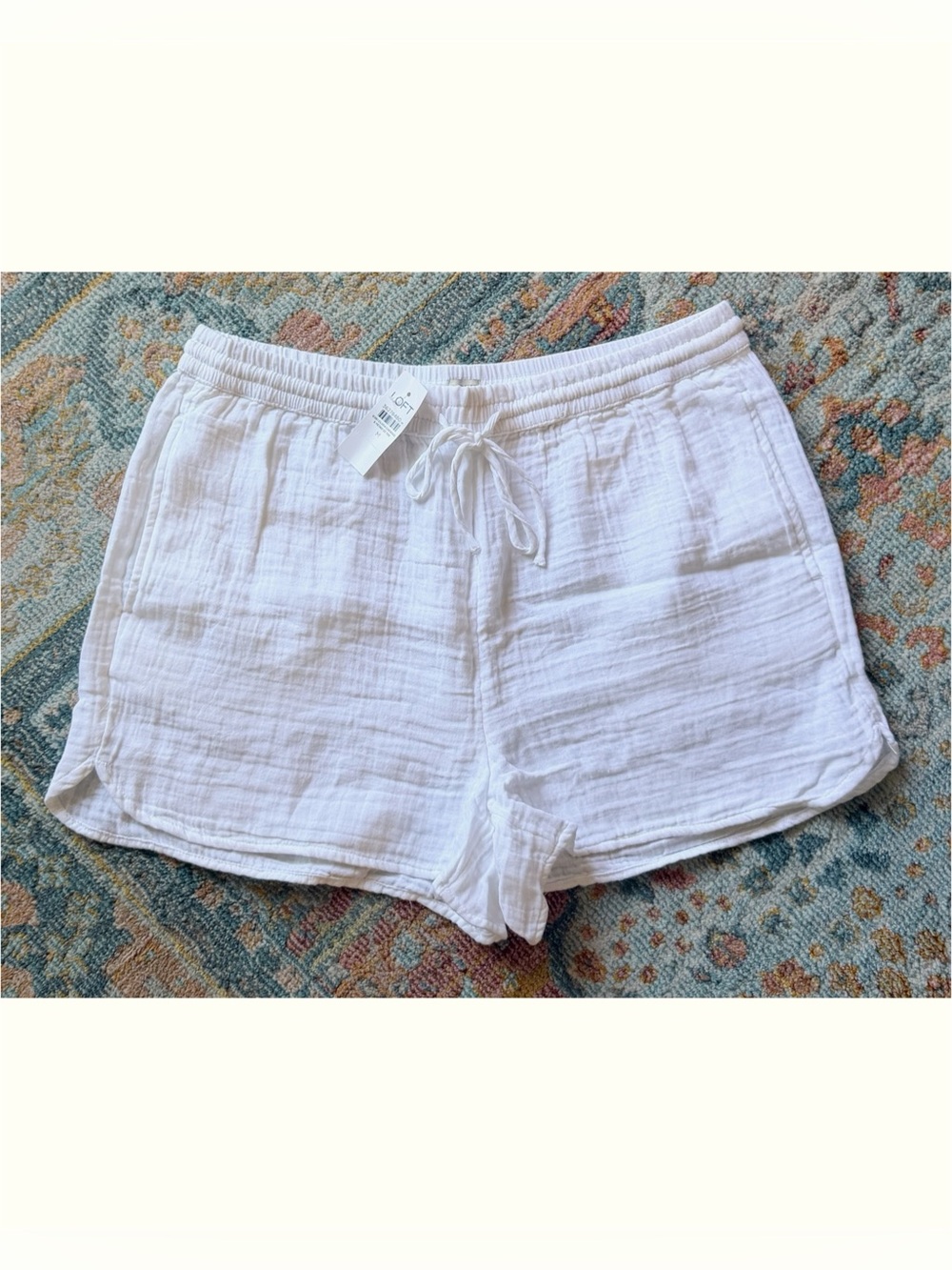 🆕 NWT Loft Beach Triple Cloth Drawstring Pocket Shorts in White Linen, size M
